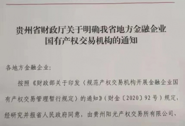 貴州陽光產權交易所關于承辦地方金融企業國有產權交易業務的公示