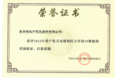 喜訊！貴州陽(yáng)光產(chǎn)權(quán)交易所獲得2024年度全國(guó)產(chǎn)權(quán)交易機(jī)構(gòu)2項(xiàng)30強(qiáng)榮譽(yù)